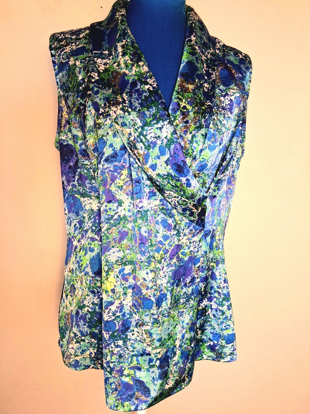 Coldwater Creek Peacock Marbled Cowl Faux Wrap Top Small